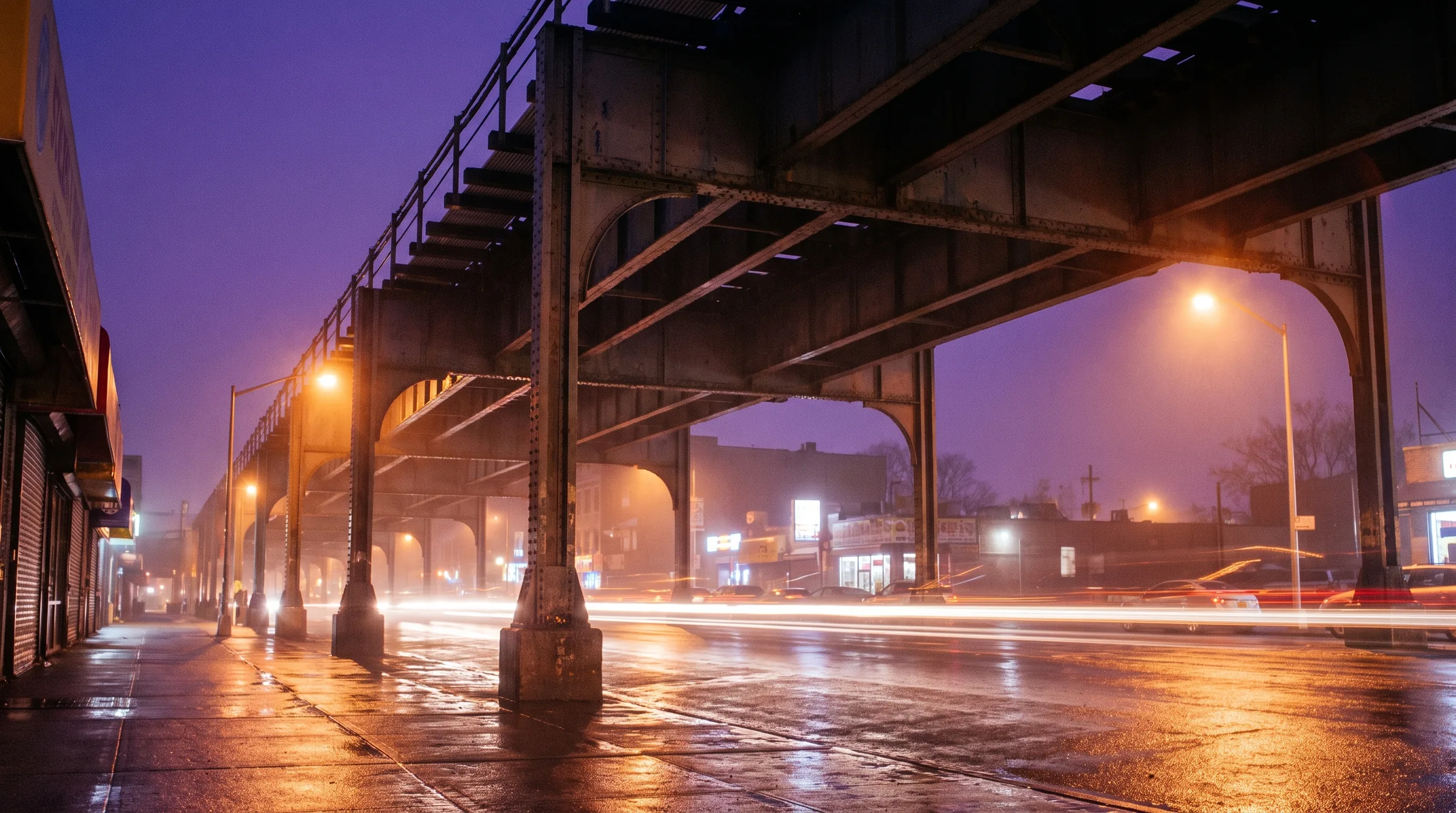 Roosevelt Avenue at night under the elevated 7 train, sodium streetlamps reflecting off wet asphalt in Jackson Heights, Queens