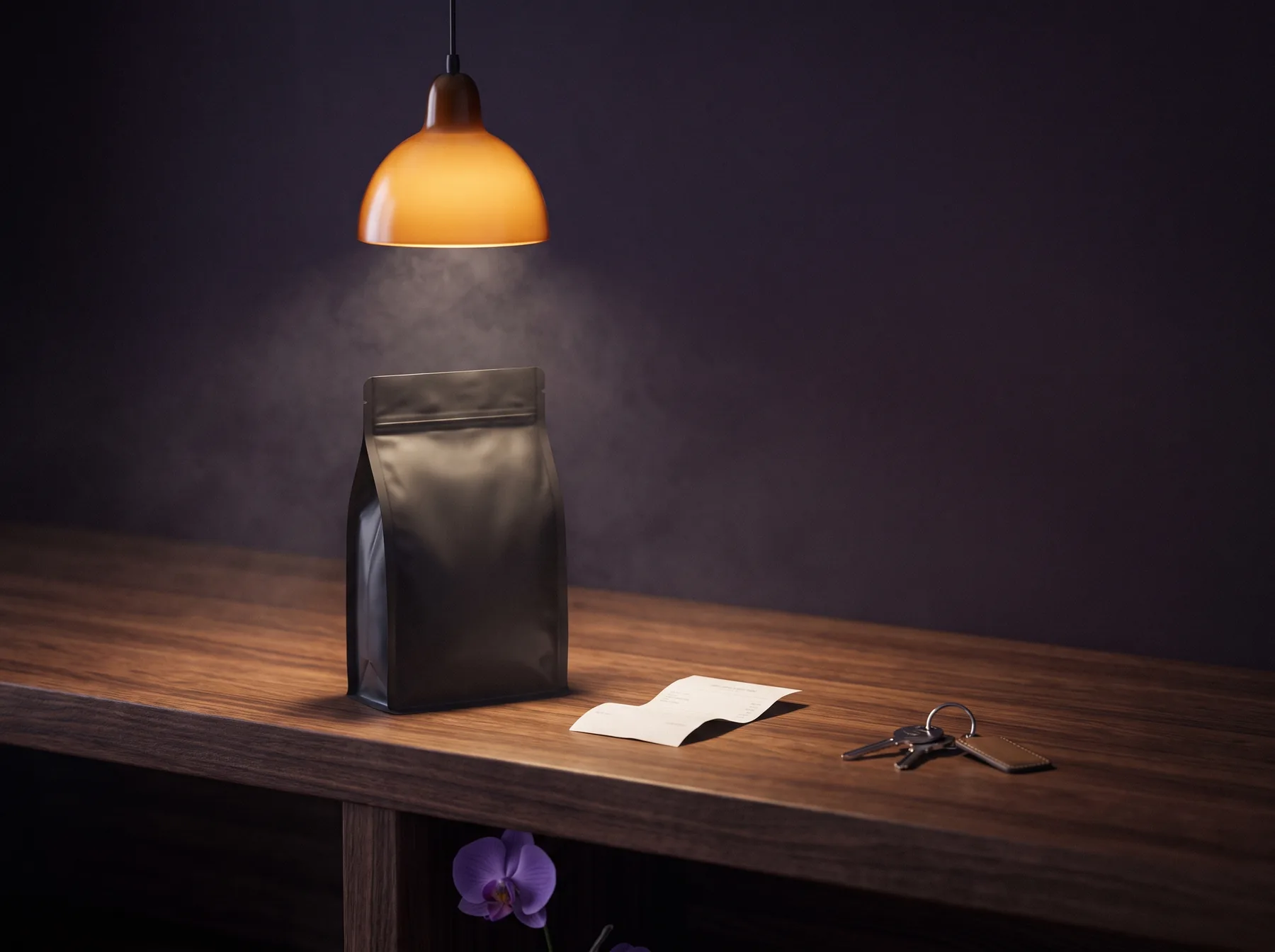 A sealed cannabis exit bag and receipt on a walnut retail counter under a warm pendant lamp, the pickup handoff a first-time Purple Buds customer can expect