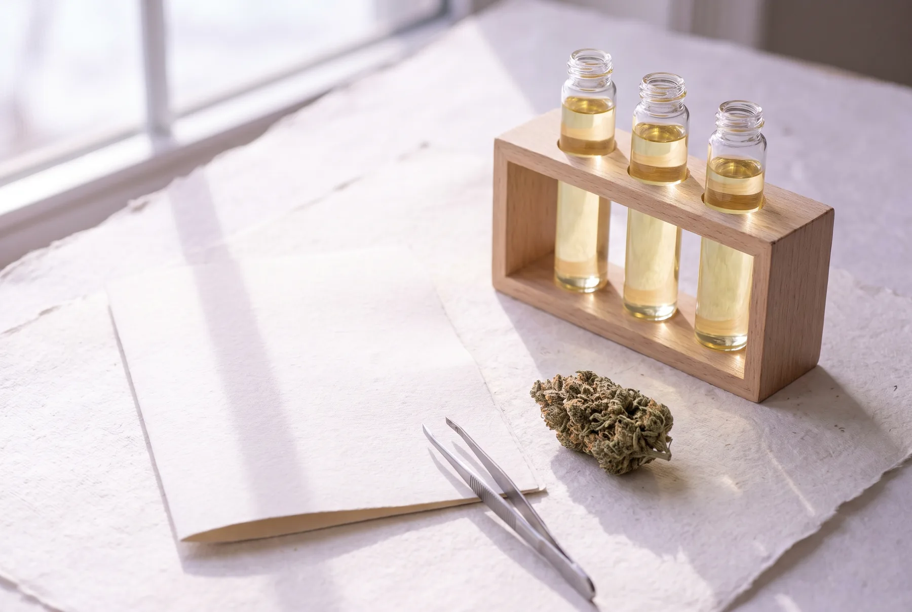 Lab vials of cannabis oil, a test-result sheet, tweezers, and a single cured bud laid out on paper, representing the third-party lab testing behind every product Purple Buds stocks