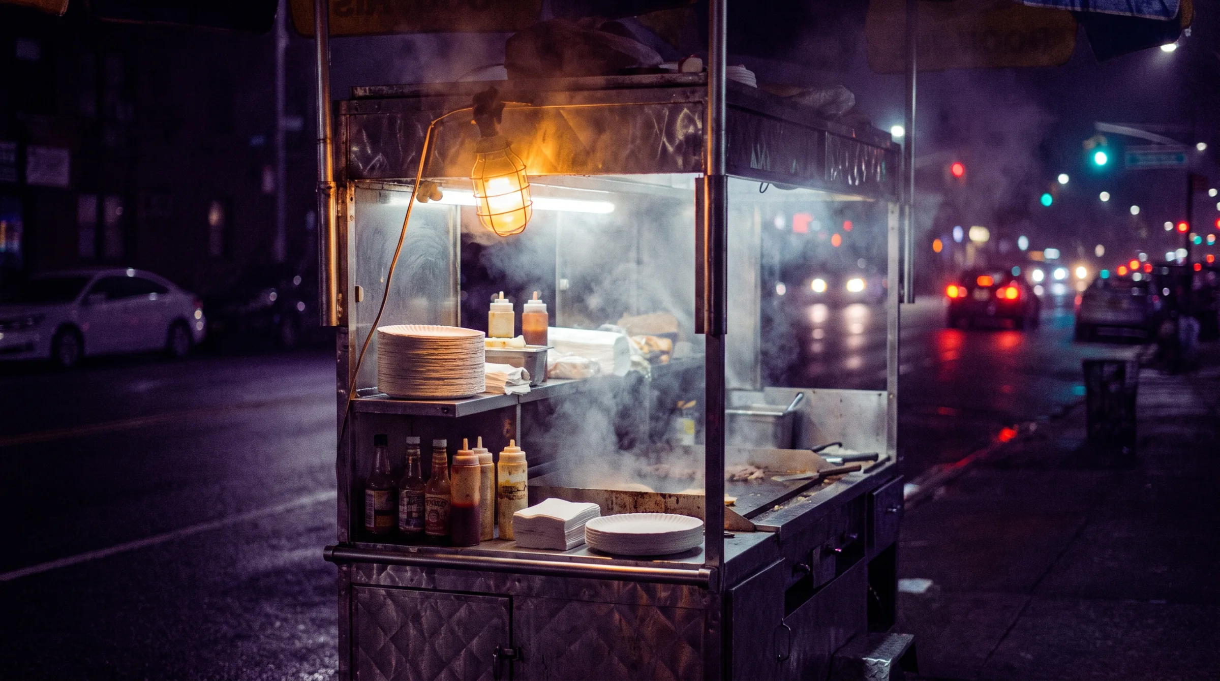 A late-night food cart under warm lamp light on a Queens avenue, the everyday street the Purple Buds storefront shares with its neighbors
